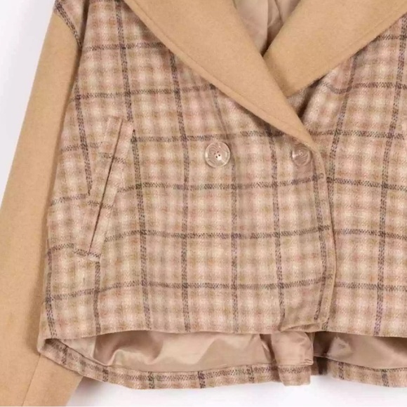 Rachel Parcell Double Breasted Tan Iced Coffee Plaid Jacket Wool Blend Size XS - Picture 7 of 11